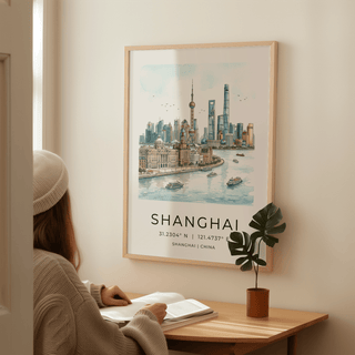 Minimal typography Shanghai poster print with coordinates and skyline drawing