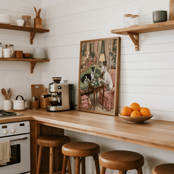 Vintage Dog Wall Art print featuring playing dogs, main colors Pink and Green, perfect for office