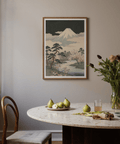 Japanese Art Mountains wall art in Green, Black, Beige, Yellow, great for reading nook ambiance