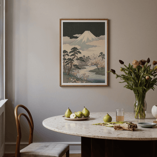 Japanese Art Mountains wall art in Green, Black, Beige, Yellow, great for reading nook ambiance