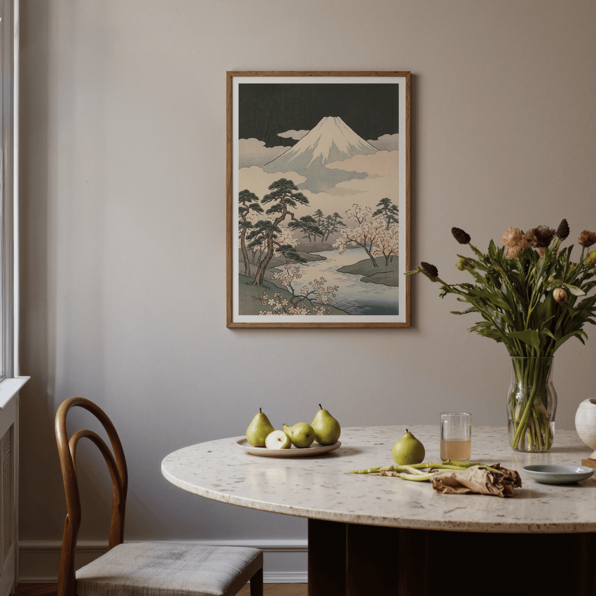 Japanese Art Mountains wall art in Green, Black, Beige, Yellow, great for reading nook ambiance