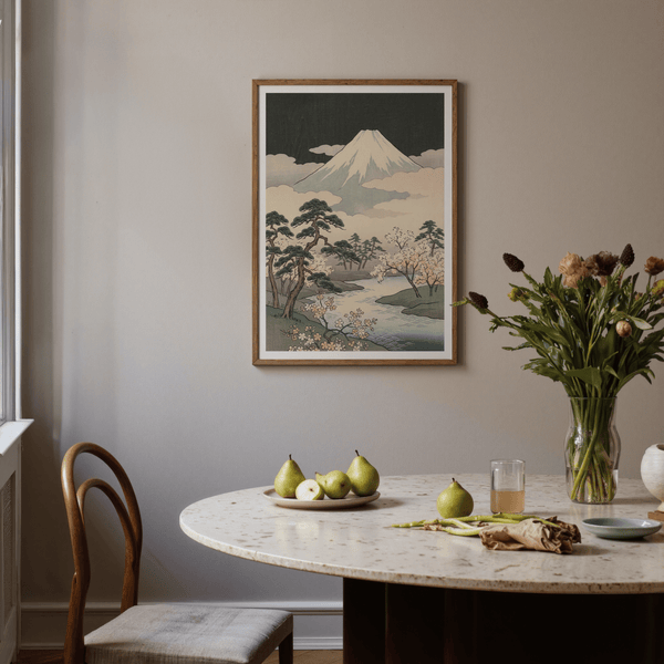 Japanese Art Mountains wall art in Green, Black, Beige, Yellow, great for reading nook ambiance