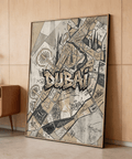 Illustrated wall art showing Dubai Creek and Burj Khalifa map callouts with sketch marks