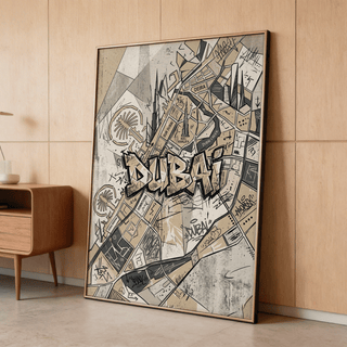 Illustrated wall art showing Dubai Creek and Burj Khalifa map callouts with sketch marks