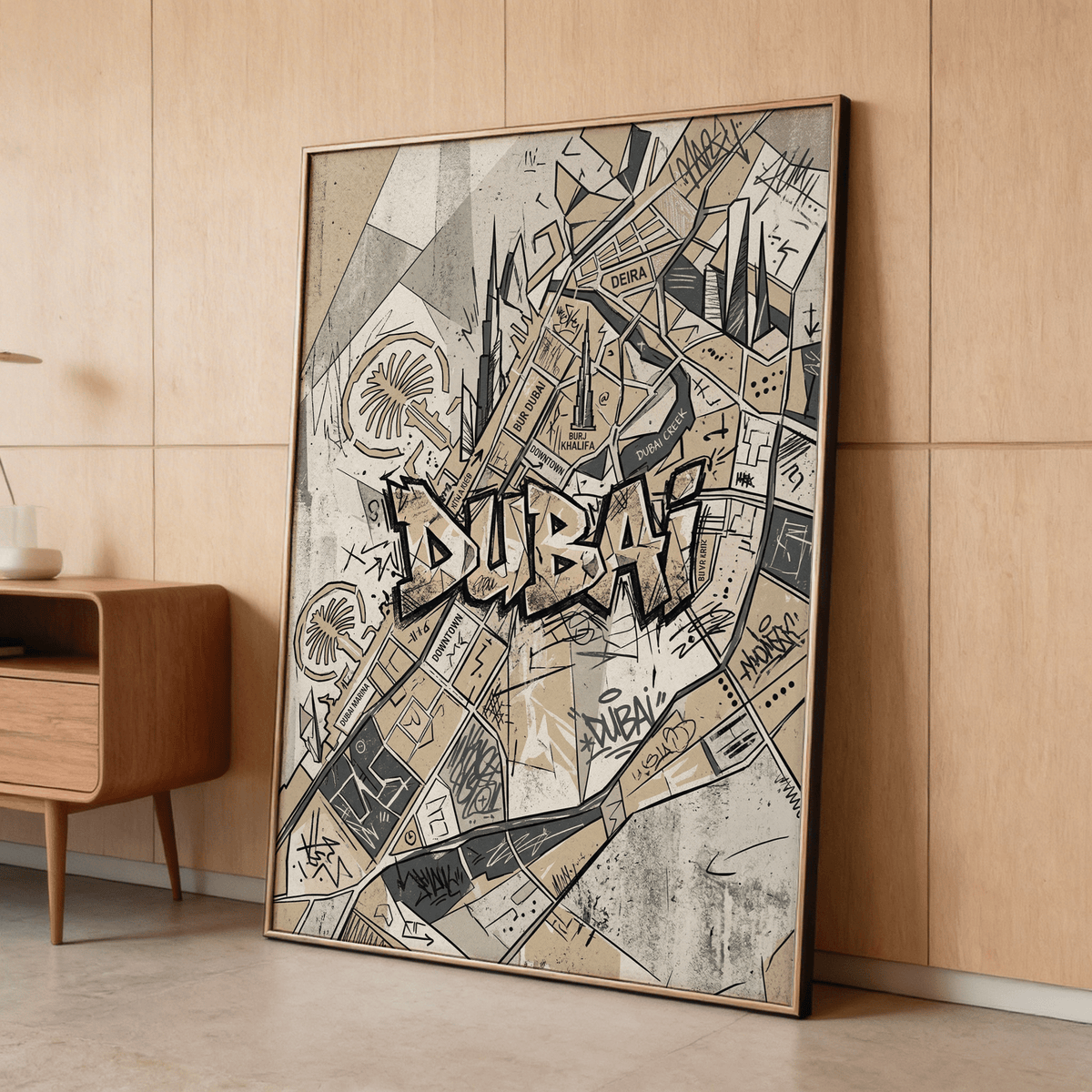 Illustrated wall art showing Dubai Creek and Burj Khalifa map callouts with sketch marks
