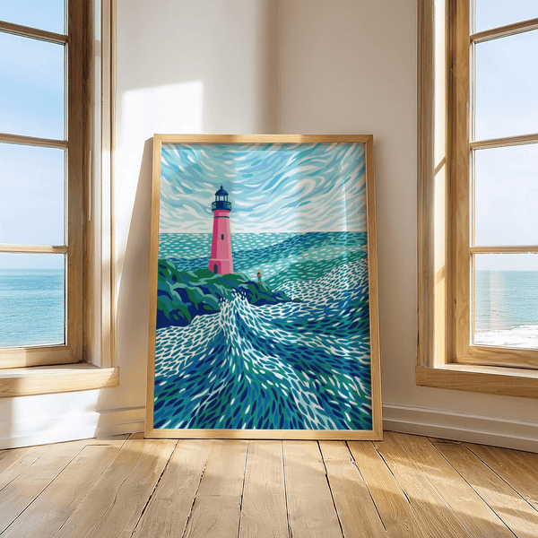 Modern Lighthouse Art with Pink lighthouse, Blue sky, for kid’s room wall art