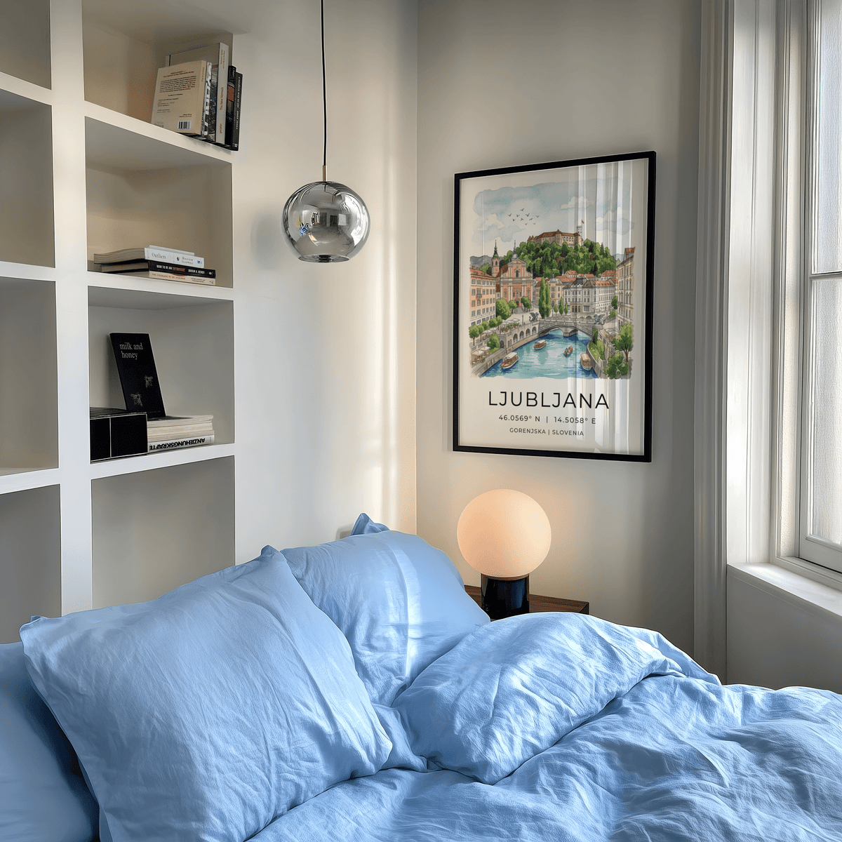 Typography Ljubljana Art Print with LJUBLJANA text, coordinates, and city illustration