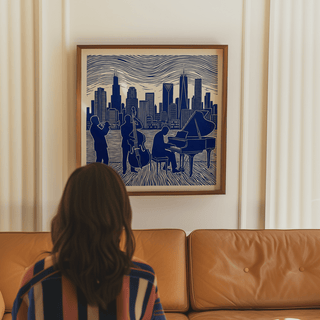 Urban style Musician Poster Art in blue and white for home office art print