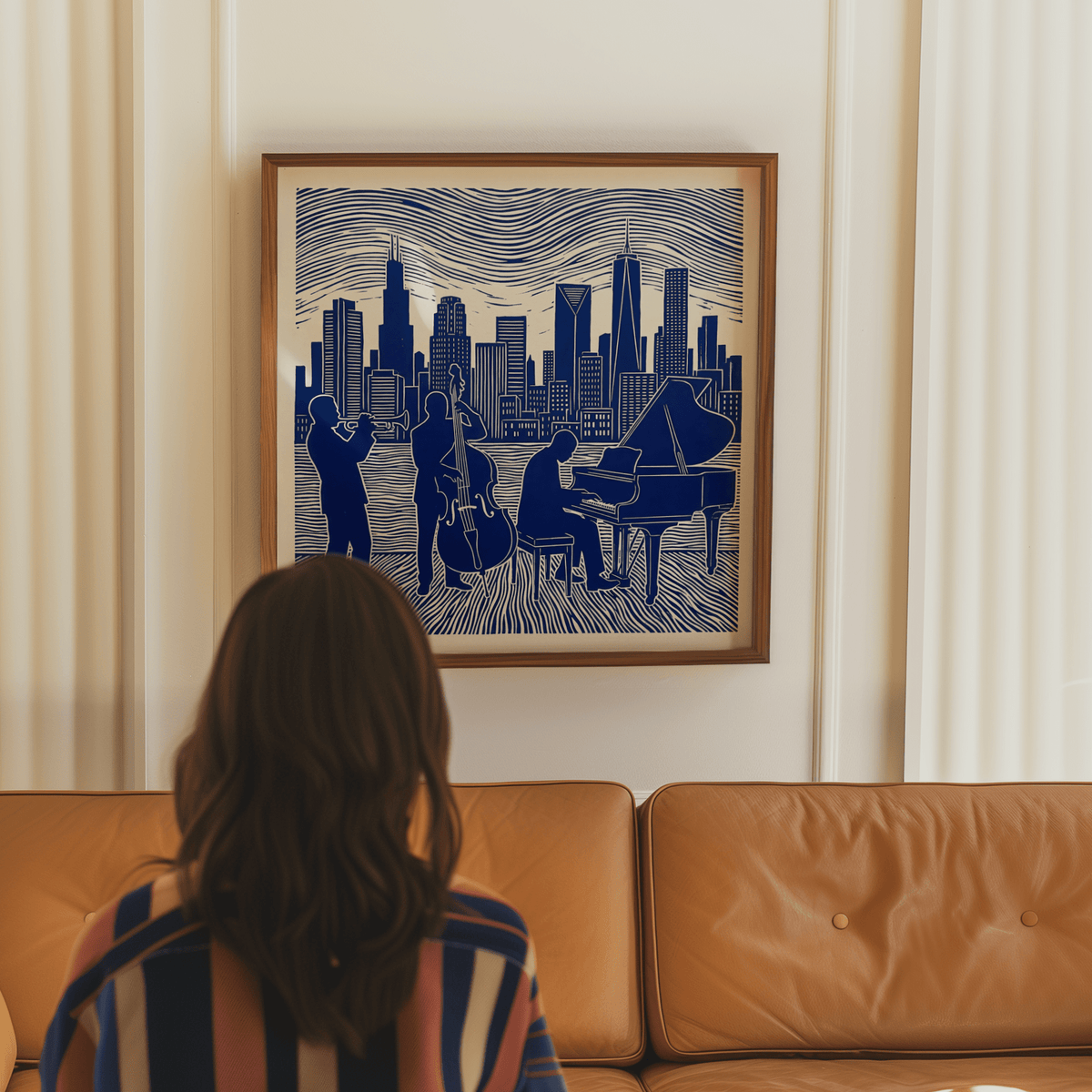 Urban style Musician Poster Art in blue and white for home office art print