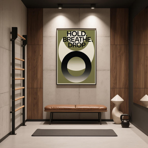 Neutral-toned home gym wall art with circular gradient shapes.