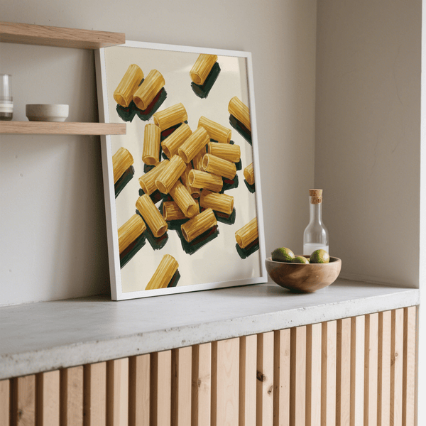 Rigatoni Pasta Print poster with beige tones for kitchen walls