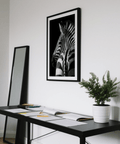 Monochrome animal poster focusing on zebra stripes and facial features