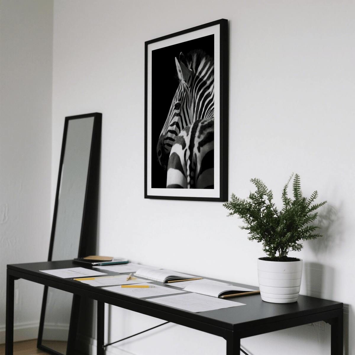 Monochrome animal poster focusing on zebra stripes and facial features
