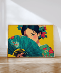Japanese Geisha Wall Art featuring yellow background, green kimono for bedroom print