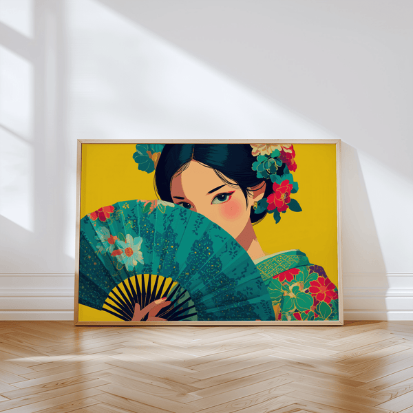 Japanese Geisha Wall Art featuring yellow background, green kimono for bedroom print