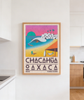 Mexican Beach Poster with bold typography and stylized bay landscape in flat shapes
