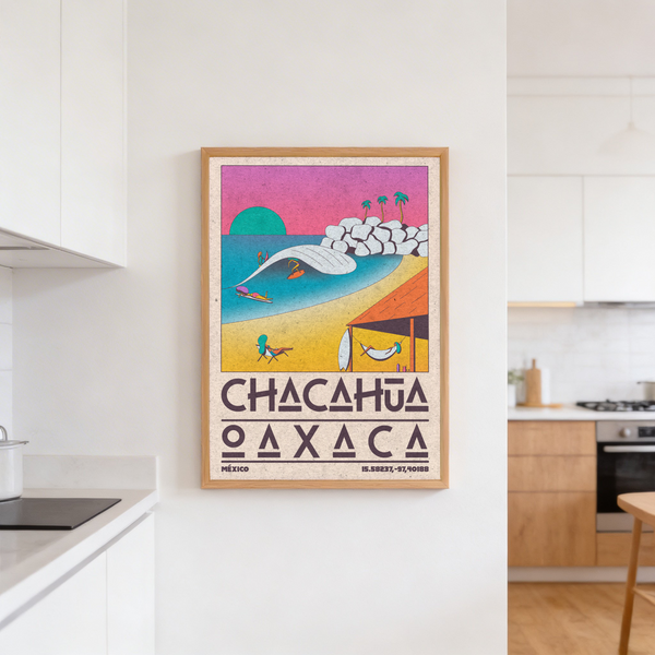 Mexican Beach Poster with bold typography and stylized bay landscape in flat shapes