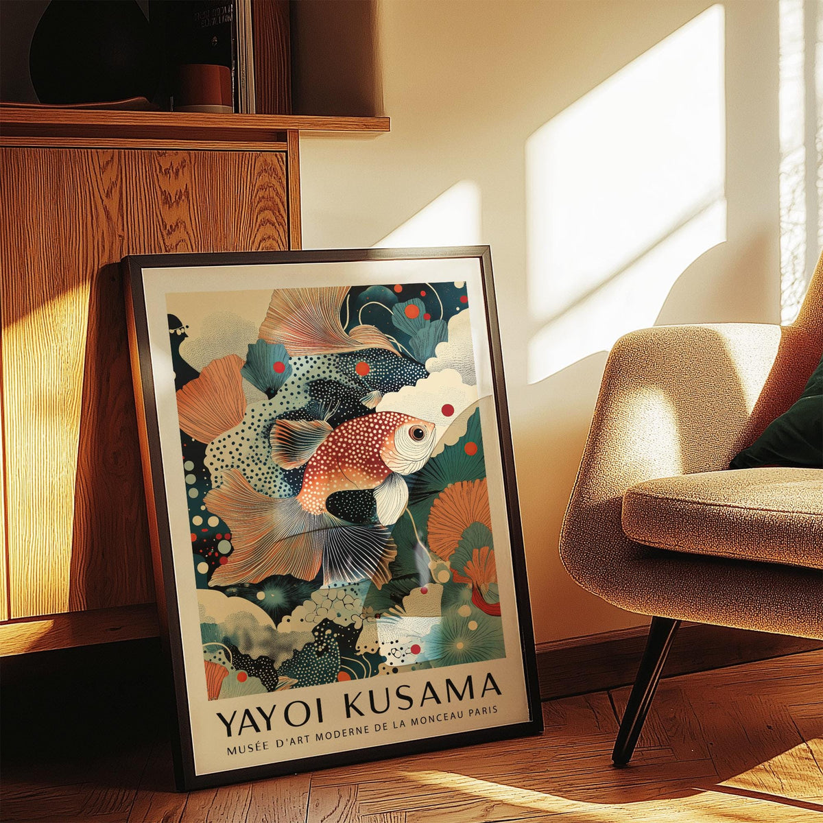 Goldfish-themed fish wall art decor with surreal marine plants