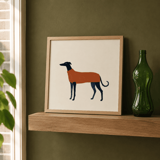 Scandinavian style dog artwork with black outline and muted palette