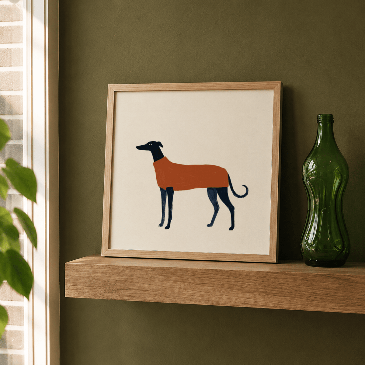 Scandinavian style dog artwork with black outline and muted palette