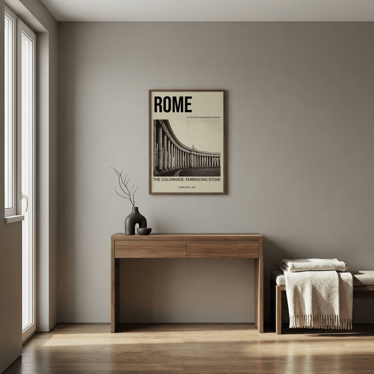 St Peter’s colonnade wall art print featuring column arc and strong leading lines across the forecourt