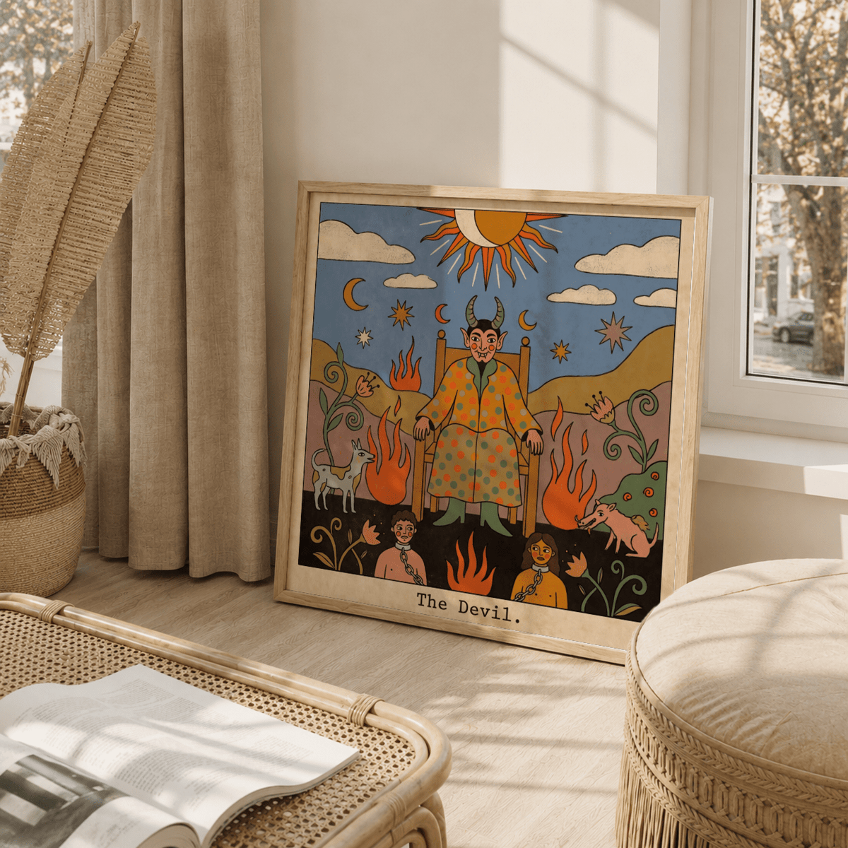 Color-focused wall art print featuring Green, Orange, and Blue tones in the tarot devil illustration
