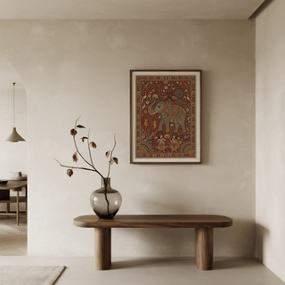 Indian Elephant Art Print wall art featuring patterned elephant, peacocks, and lotus flowers