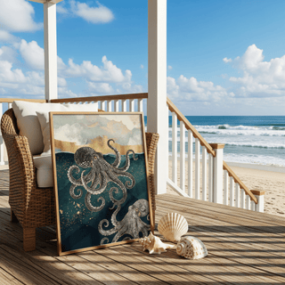 Modern Octopus Wall Art in blue and gold, perfect bathroom art print