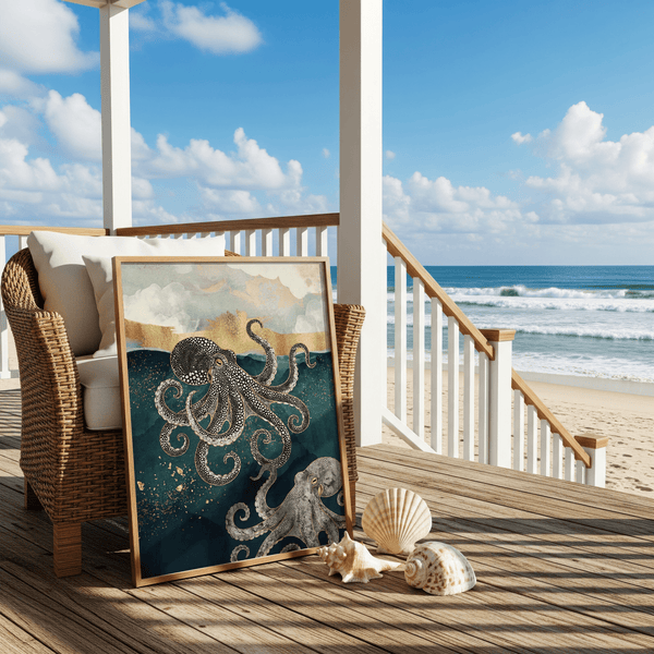 Modern Octopus Wall Art in blue and gold, perfect bathroom art print