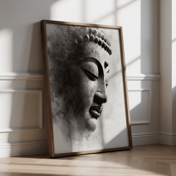 Black and White Buddha Print for spiritual decor, white, gray poster