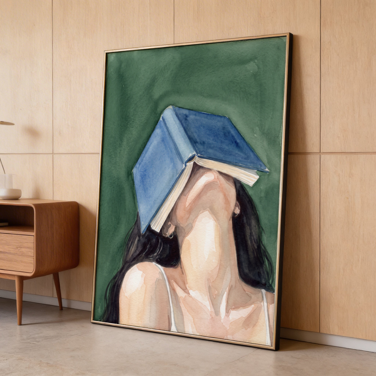Centered Woman Reading Portrait Print wall art with tilted hardback book and bare shoulders