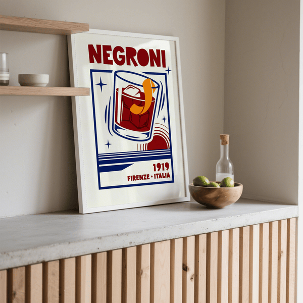 Classic kitchen Negroni Cocktail Print with vibrant Orange and Blue
