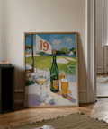 Watering Hole Golf Art Print featuring wine bottle, stemware, beer, and a golf ball near the table edge