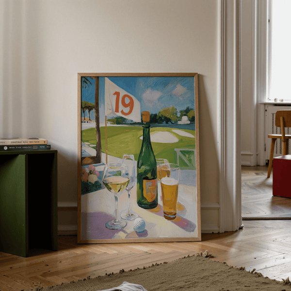 Watering Hole Golf Art Print featuring wine bottle, stemware, beer, and a golf ball near the table edge