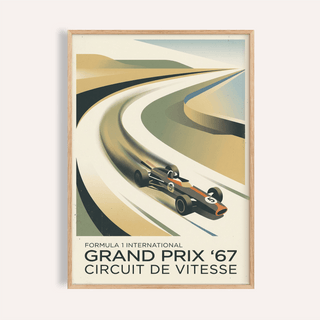Vintage Racing Art Print poster with open-wheel car on sweeping track curves