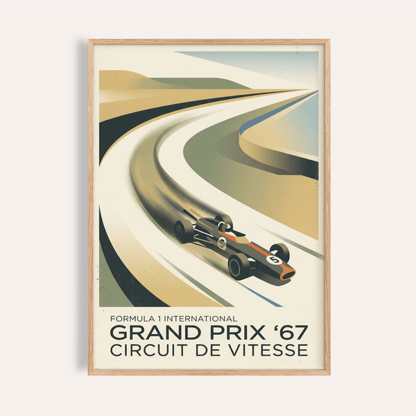 Vintage Racing Art Print poster with open-wheel car on sweeping track curves