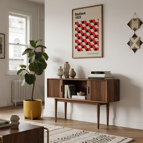 Angular design in Bauhaus pictures using bold color contrast.