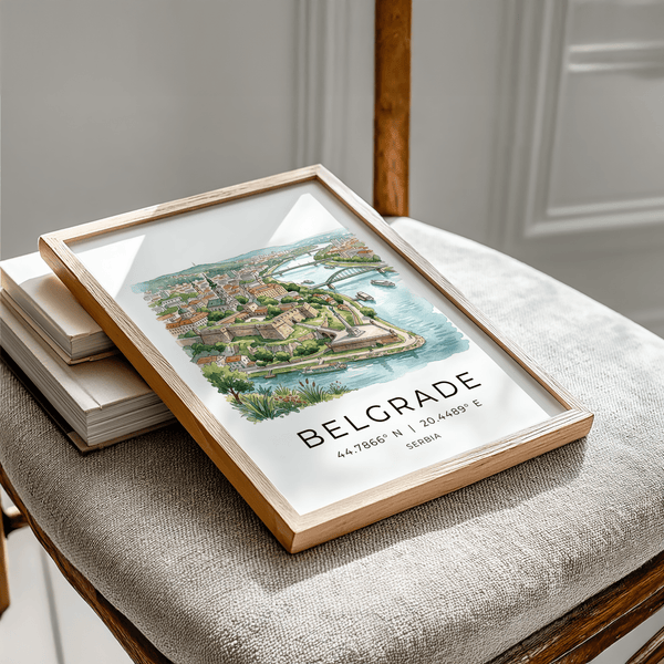 Watercolor illustration of Belgrade fortress above the Danube and Sava