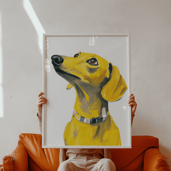 Dachshund Dog Print showing yellow tones, ideal for office art print.