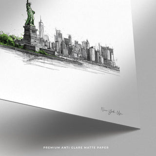 Architectural drawing of Manhattan skyline in New York City travel poster square