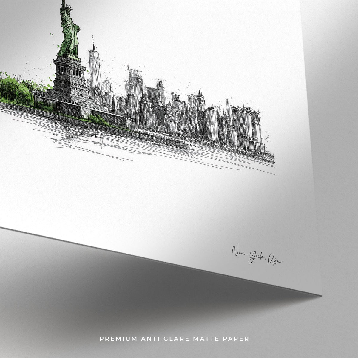 Architectural drawing of Manhattan skyline in New York City travel poster square