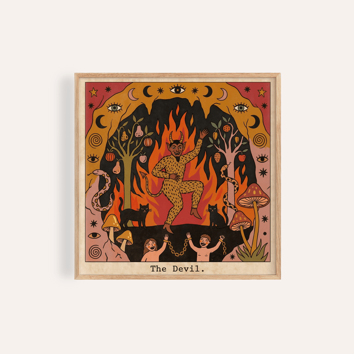 Centered devil figure tarot poster print with flames, moons, and stars