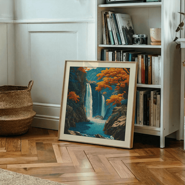 Detail of Orange maple leaves contrasted against deep Blue pool