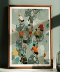 Diagonal race pack print poster with simplified figures and bicycle frames