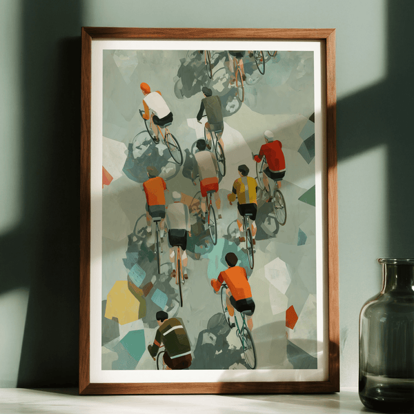 Diagonal race pack print poster with simplified figures and bicycle frames