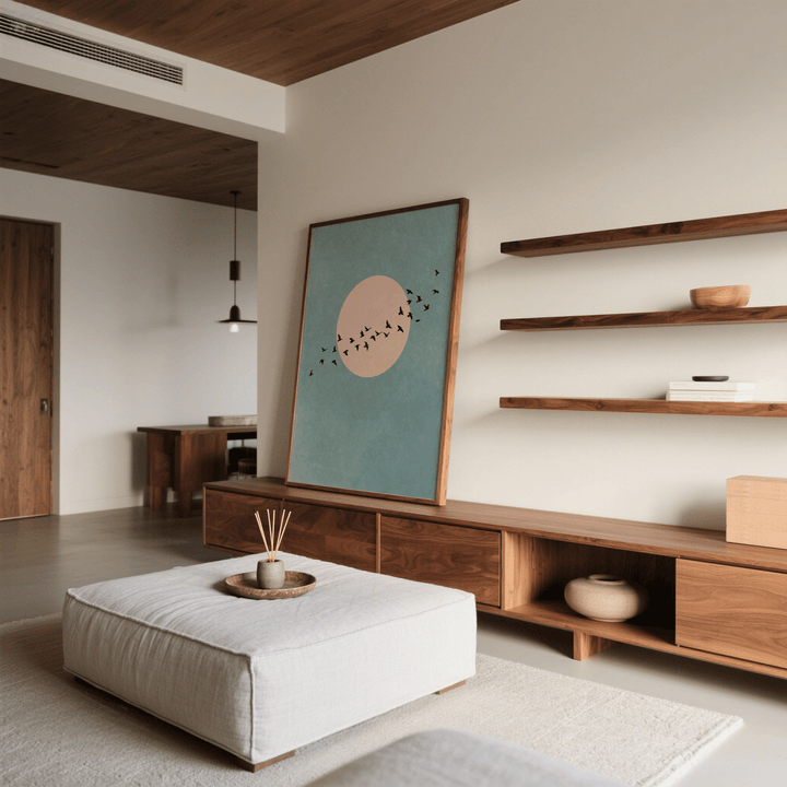 Wall Art Birds print leaning on a wooden media unit next to wooden shelves in a living room