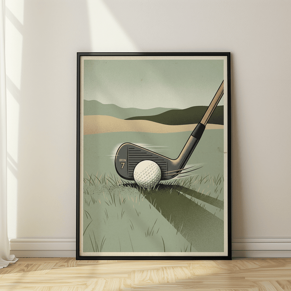 Close-up wall art print showing a 7 iron clubhead, dimpled golf ball, and grass foreground