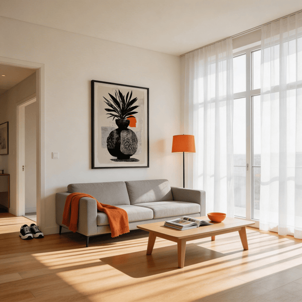 Abstract plant poster with layered shapes and sun circle, Modern Indian sun plant wall art