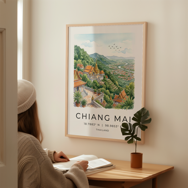 Chiang Mai Art Print graphic poster with temple terraces and map text