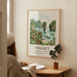 Coastal Phuket wall art print with rock stacks, shoreline buildings, and boats